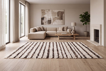 Moroccan Brown & Ivory Wool Rug – 100% New Zealand Wool | Handwoven Striped Textured Area Rug