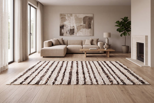 Moroccan Brown & Ivory Wool Rug – 100% New Zealand Wool | Handwoven Striped Textured Area Rug
