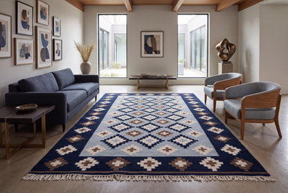Handwoven Wool Kilim Durrie Rug – Navy Blue Geometric Moroccan-Inspired Area Rug