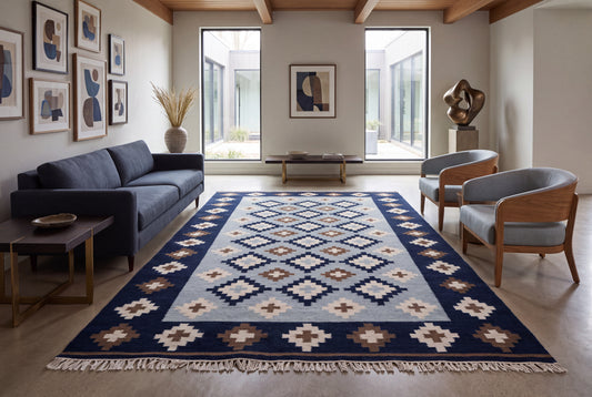 Handwoven Wool Kilim Durrie Rug – Navy Blue Geometric Moroccan-Inspired Area Rug