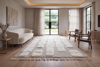 Moroccan Ivory & Beige Wool Rug – Textured Handwoven Area Rug with Fringe | Luxury Moroccan Rug