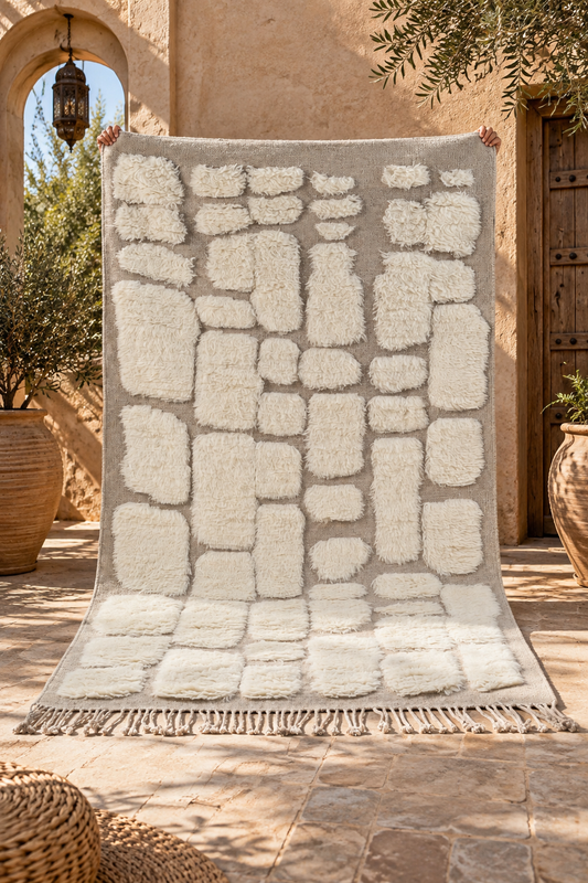 Handcrafted Moroccan Wool Rug – Ivory & Natural Beige Plush Geometric Design, Hand Knotted Luxury Area Rug