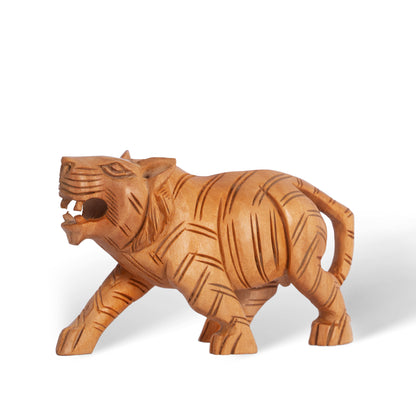 Hand Carved Wooden Tiger Sculpture – Traditional Indian Animal Figurine, Rustic Home Decor