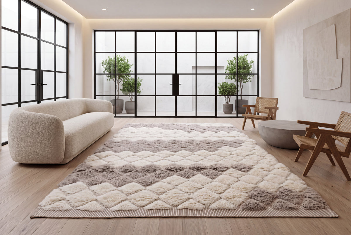 Handwoven Moroccan Style Wool Rug – Cream and Taupe Diamond Pattern Shaggy Area Rug