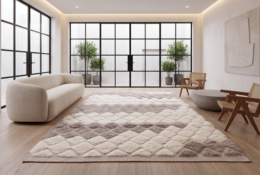 Handwoven Moroccan Style Wool Rug – Cream and Taupe Diamond Pattern Shaggy Area Rug