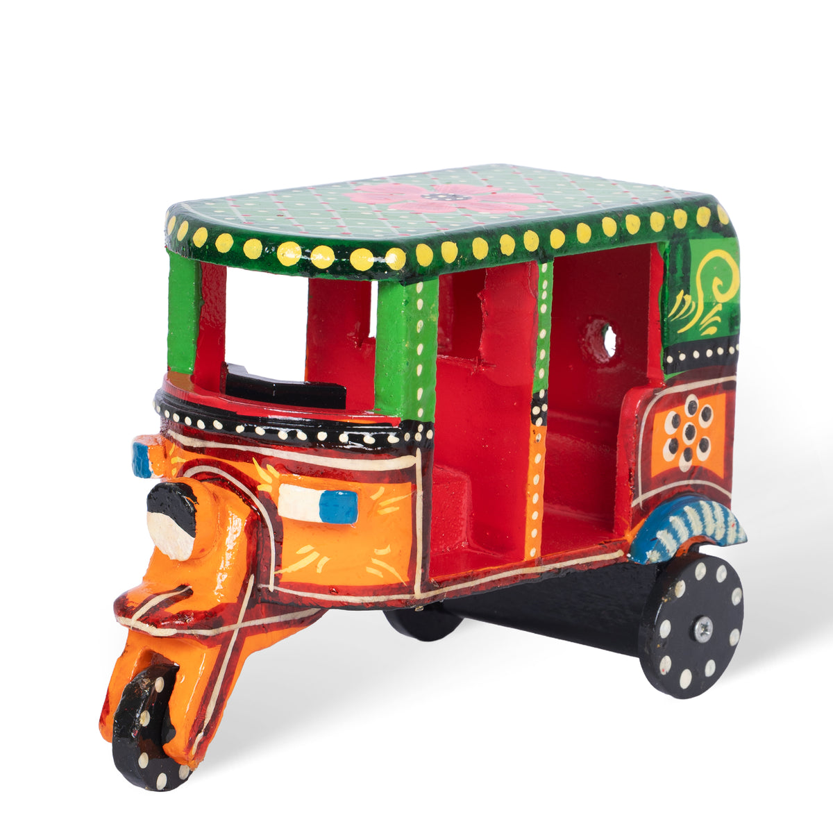 Handcrafted Wooden Auto Rickshaw – Colorful Indian Folk Art Miniature Tuk Tuk Decor