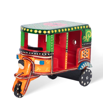 Handcrafted Wooden Auto Rickshaw – Colorful Indian Folk Art Miniature Tuk Tuk Decor