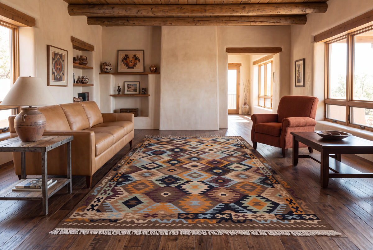 Handwoven Diamond Pattern Kilim Rug – Multicolor Wool & Cotton Durrie