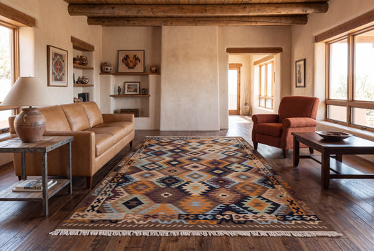 Handwoven Diamond Pattern Kilim Rug – Multicolor Wool & Cotton Durrie