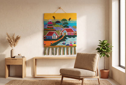 Handwoven Village Wall Hanging Tapestry, Colorful Landscape Textile Wall Art, Handmade Boho Home Decor, 30 x 30 Inch