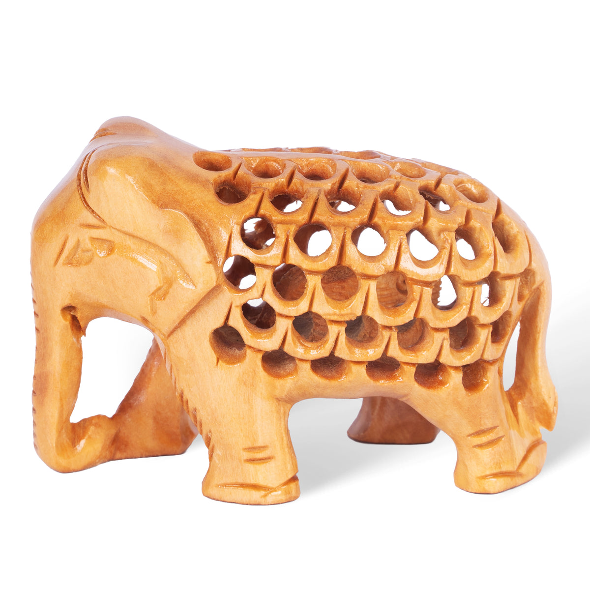 Hand Carved Wooden Elephant Sculpture – Intricate Openwork Lattice Design, Indian Wooden Elephant Figurine