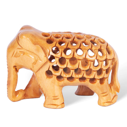 Hand Carved Wooden Elephant Sculpture – Intricate Openwork Lattice Design, Indian Wooden Elephant Figurine