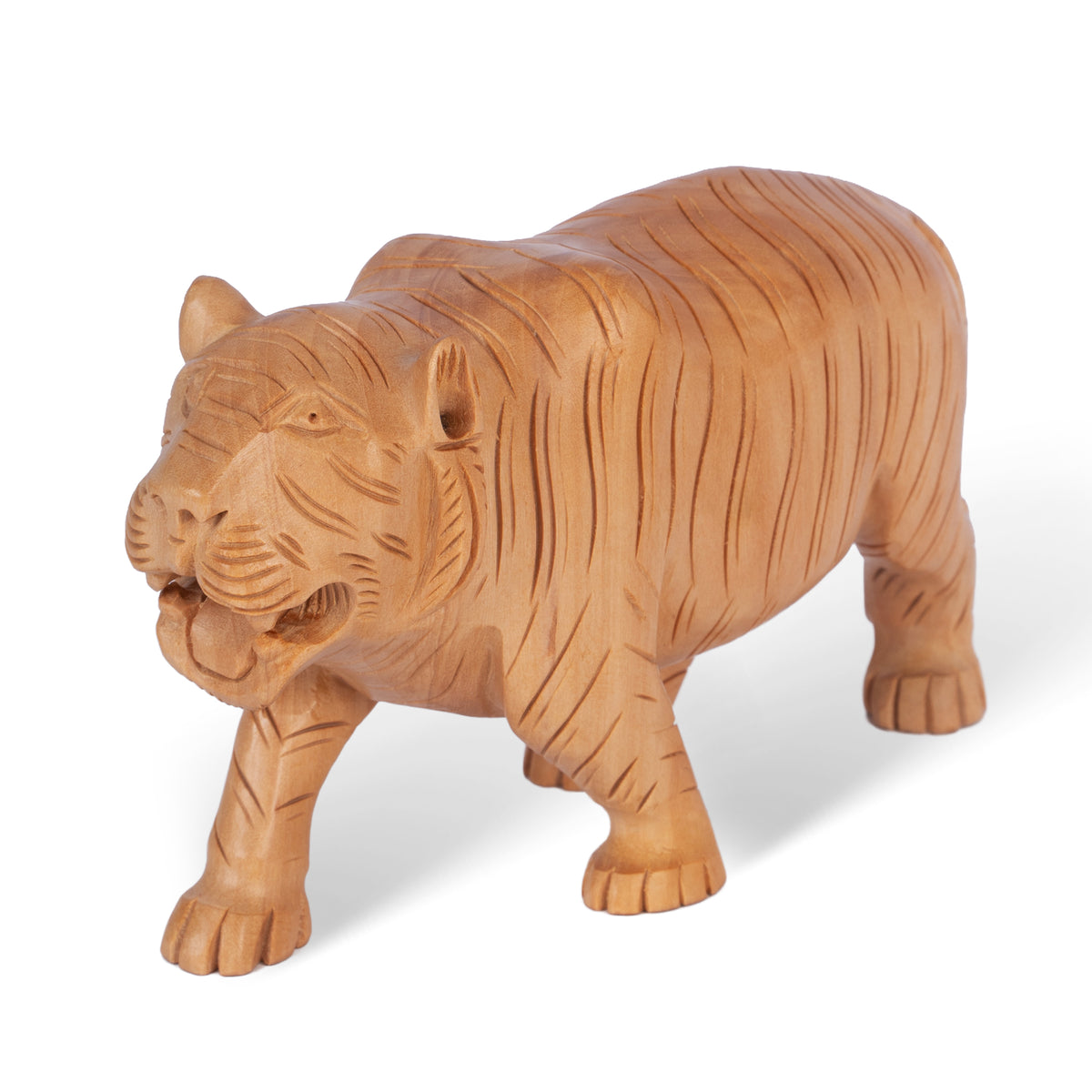 Hand Carved Wooden Tiger Sculpture – Traditional Indian Tiger Figurine for Home Décor