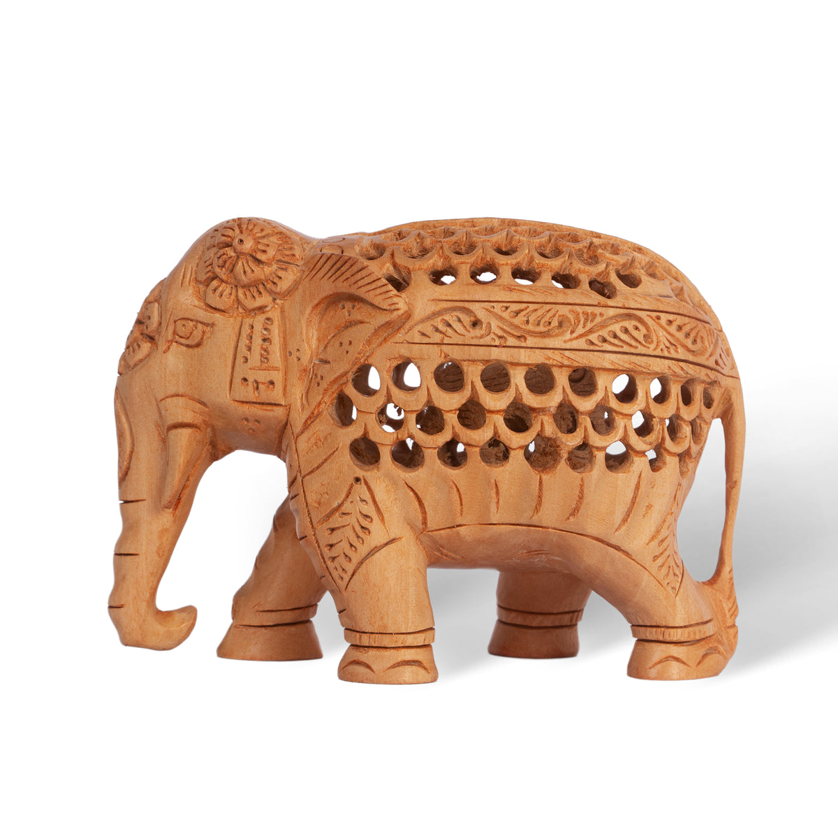 Hand Carved Wooden Elephant Sculpture with Baby Inside – Intricate Lattice Work Indian Wood Figurine