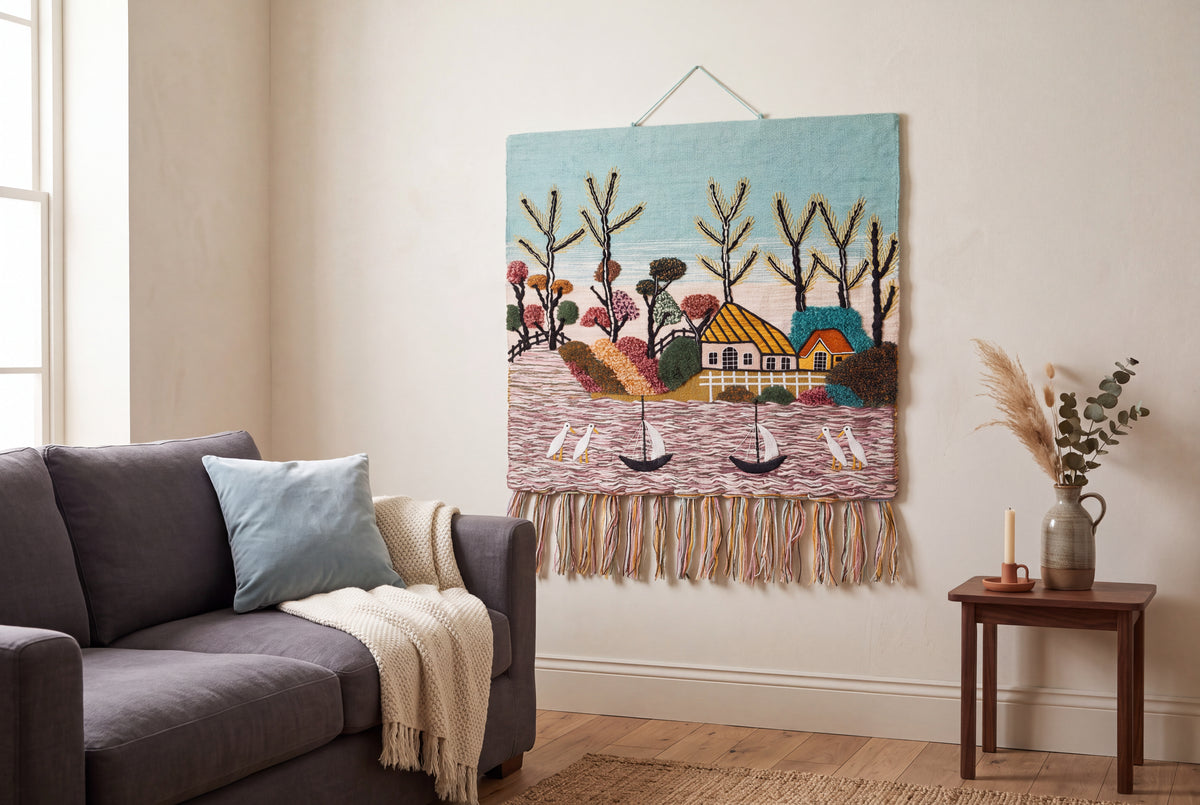 Handwoven Coastal Village Tapestry, Seaside Landscape, Boho Home Decor (36x40 Inch)