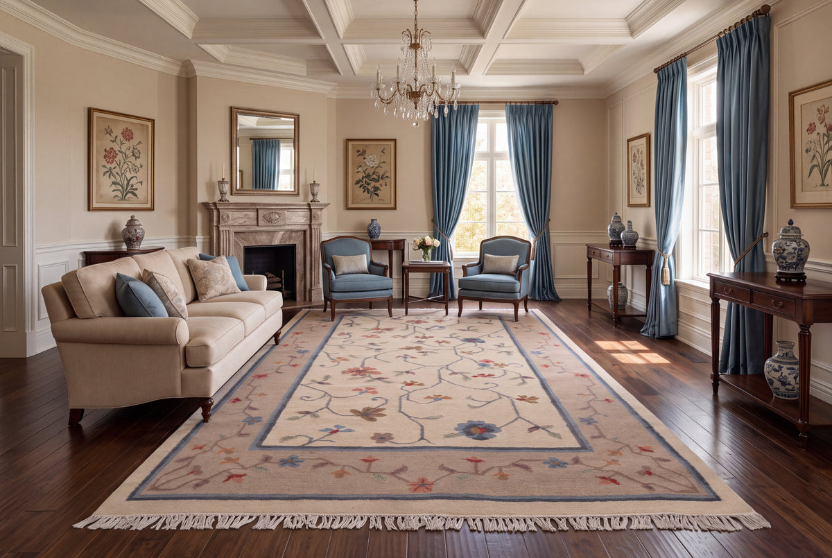 Hand-Woven Woolen Durrie – Beige & Blue Floral Vine Pattern Area Rug (80% Wool, 20% Cotton)