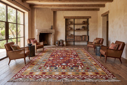 Handwoven Wool Kilim Rug, Multicolor Geometric Tribal Area Rug, Traditional Southwestern Flatweave Carpet, Bohemian Home Decor