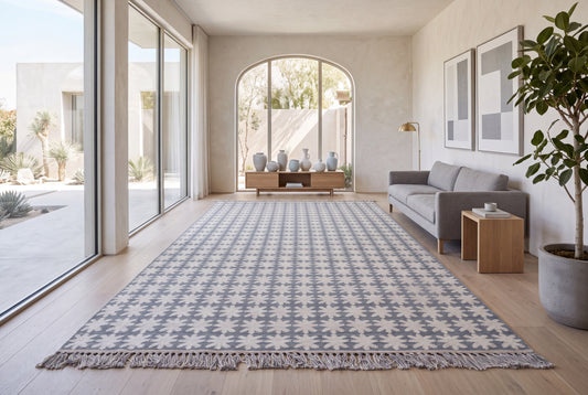 Handwoven Ivory and Grey Wool Rug – Scandinavian Geometric Pattern Area Rug