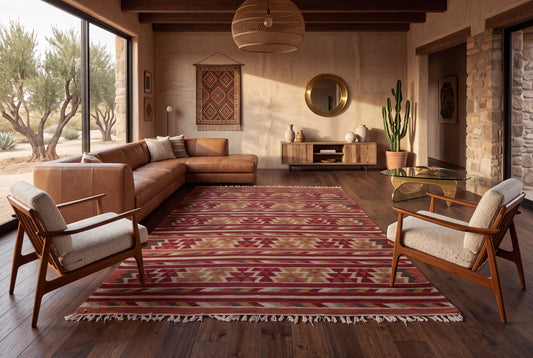 Traditional Handwoven Kilim Area Rug – Terracotta Geometric Tribal Pattern with Earthy Tones and Fringed Ends