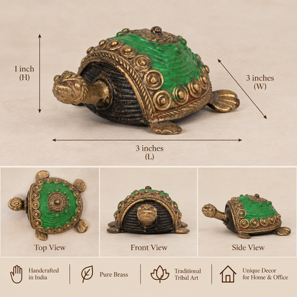 Handcrafted Brass Turtle Sculpture – Green Decorative Tortoise Figurine, Traditional Indian Art