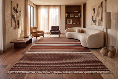 Handwoven Kilim Rug, Rustic Brown Striped Area Rug, Geometric Flat Weave Wool Rug with Fringe, 1300 GSM