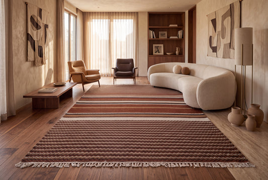 Handwoven Kilim Rug, Rustic Brown Striped Area Rug, Geometric Flat Weave Wool Rug with Fringe, 1300 GSM