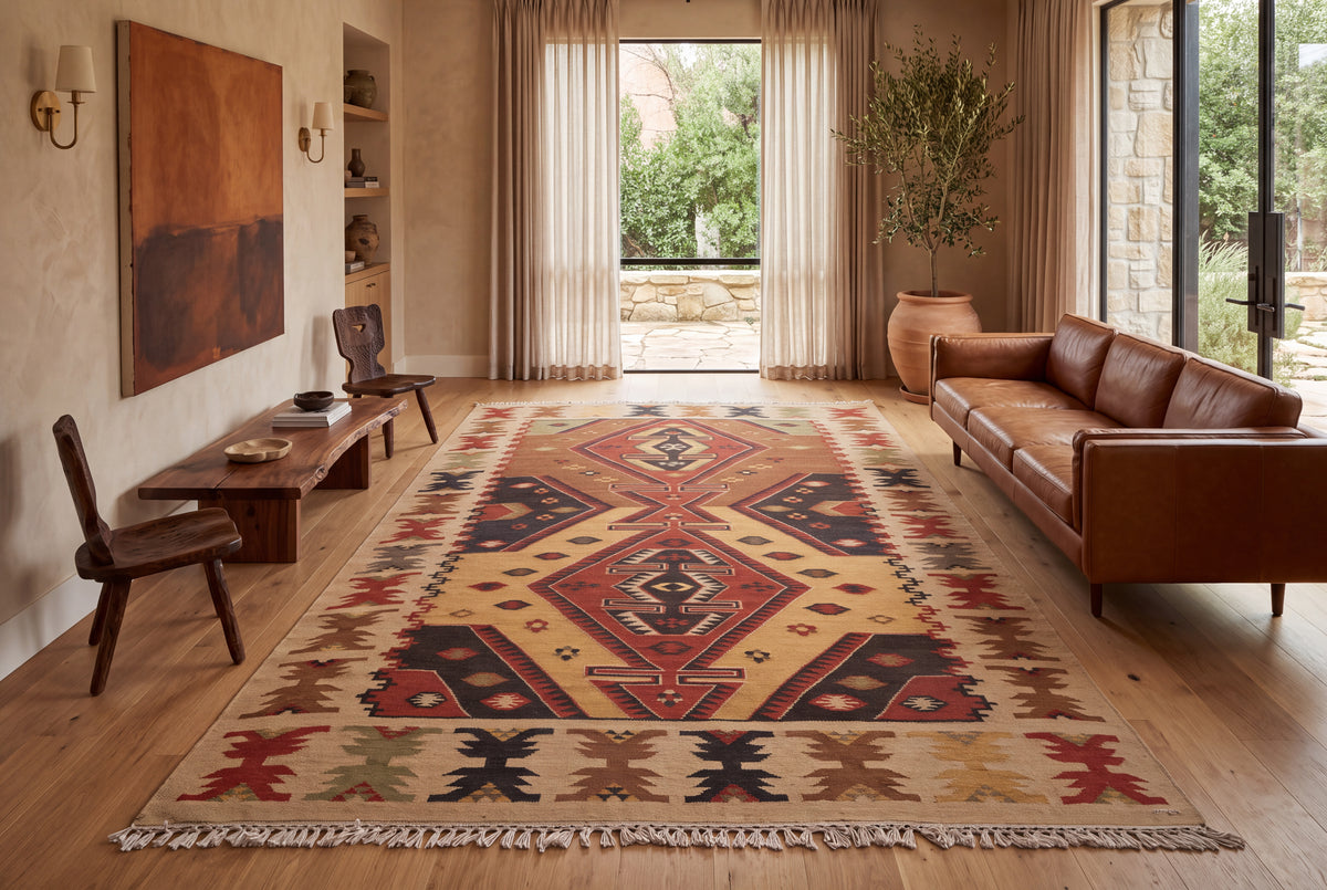 Traditional Handwoven Kilim Area Rug – Multicolor Tribal Geometric Pattern with Earthy Tones and Fringed Ends