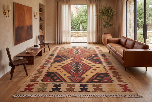 Traditional Handwoven Kilim Area Rug – Multicolor Tribal Geometric Pattern with Earthy Tones and Fringed Ends