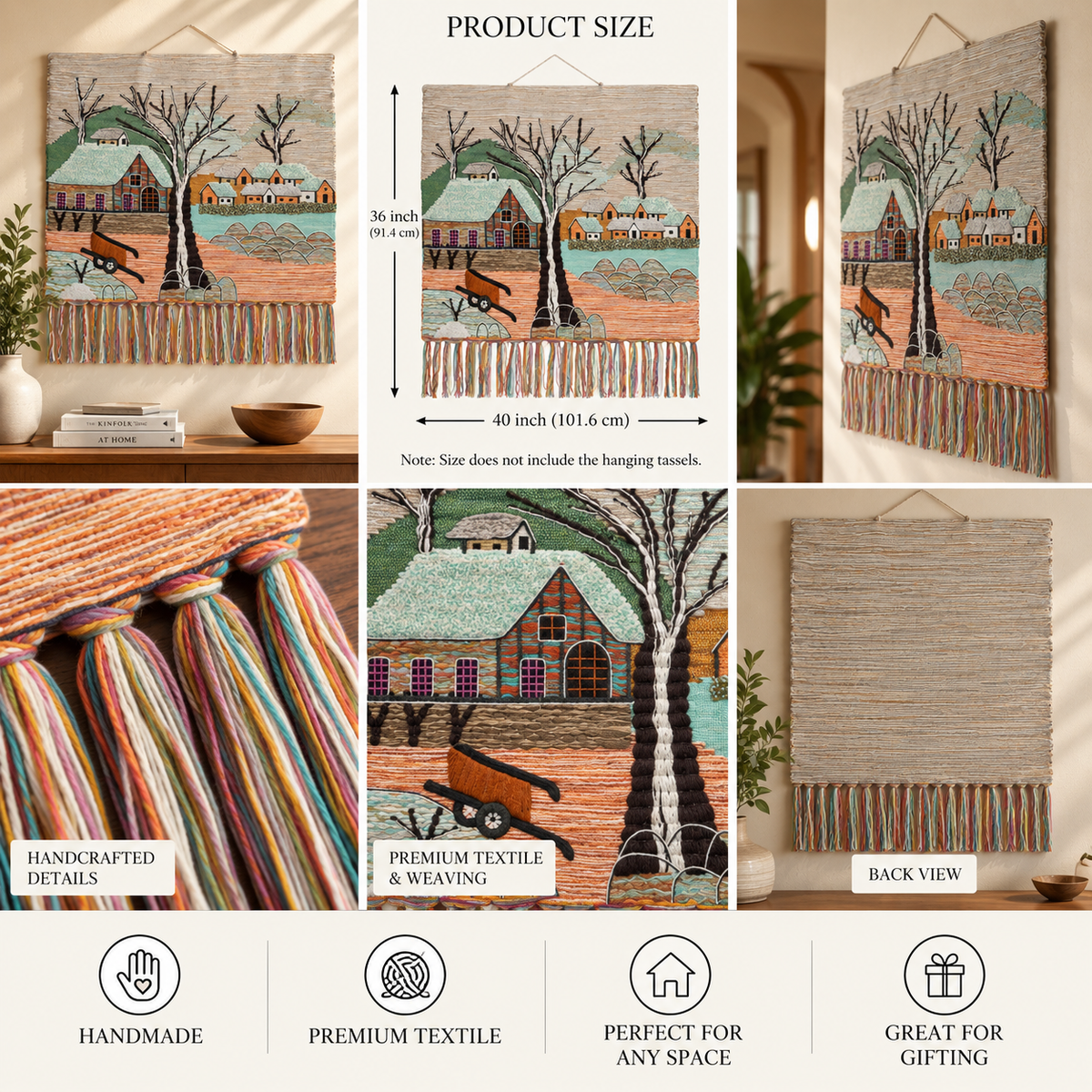 Handmade Woven Winter Village Tapestry, Cottage Landscape Art (36x40 Inch)