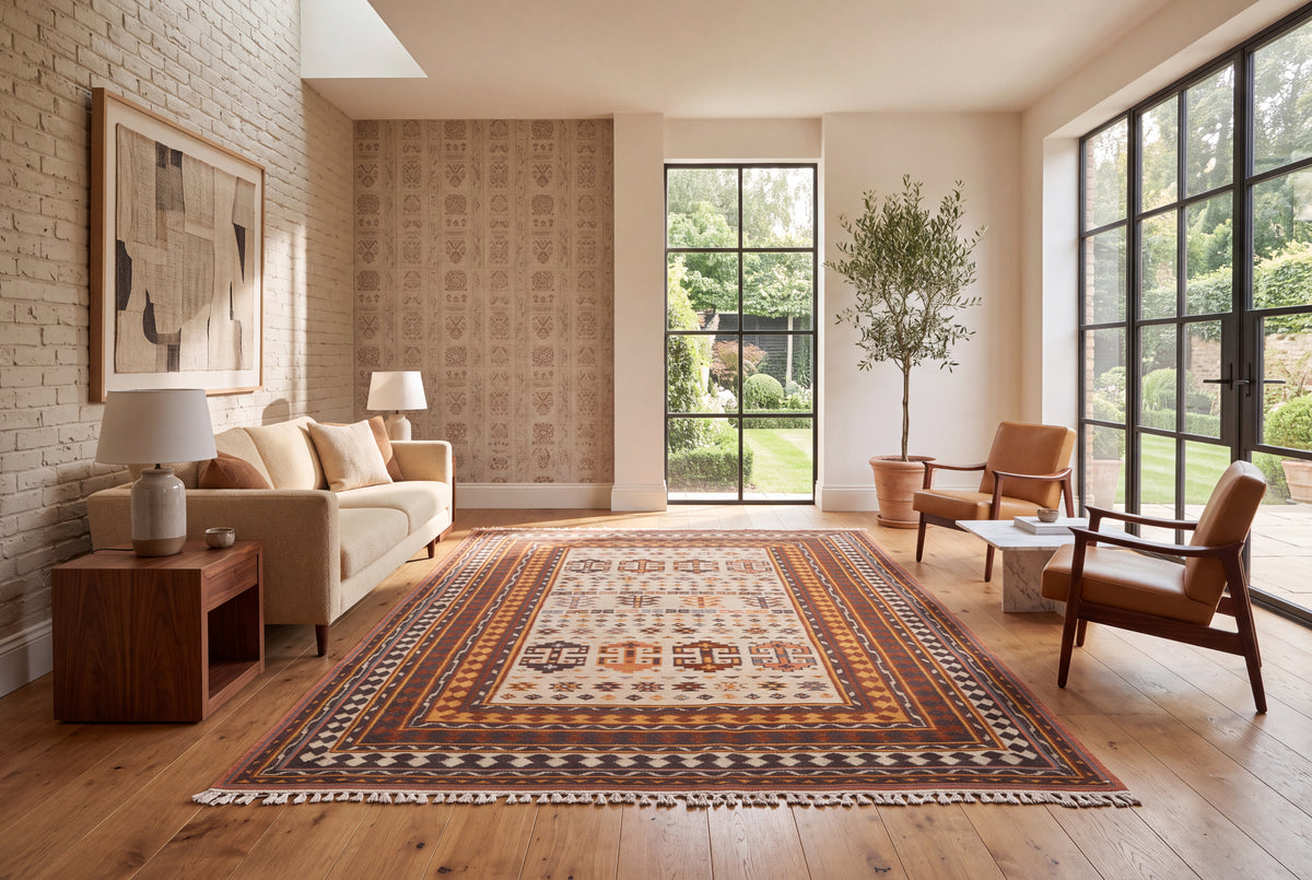Handwoven Geometric Kilim Durrie Rug – Traditional Tribal Pattern | Earthy Tones