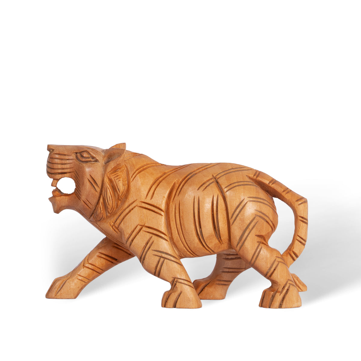 Hand Carved Wooden Tiger Sculpture – Traditional Indian Animal Figurine, Rustic Home Decor