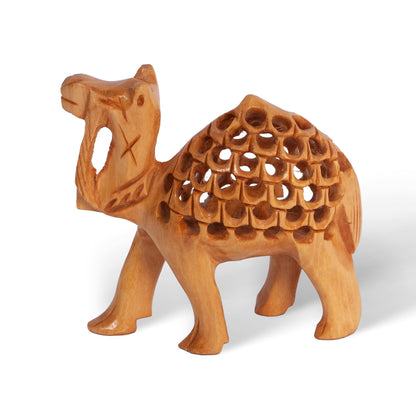 Hand Carved Wooden Camel Sculpture – Intricate Openwork Carved Camel Figurine, Handmade Indian Wood Decor