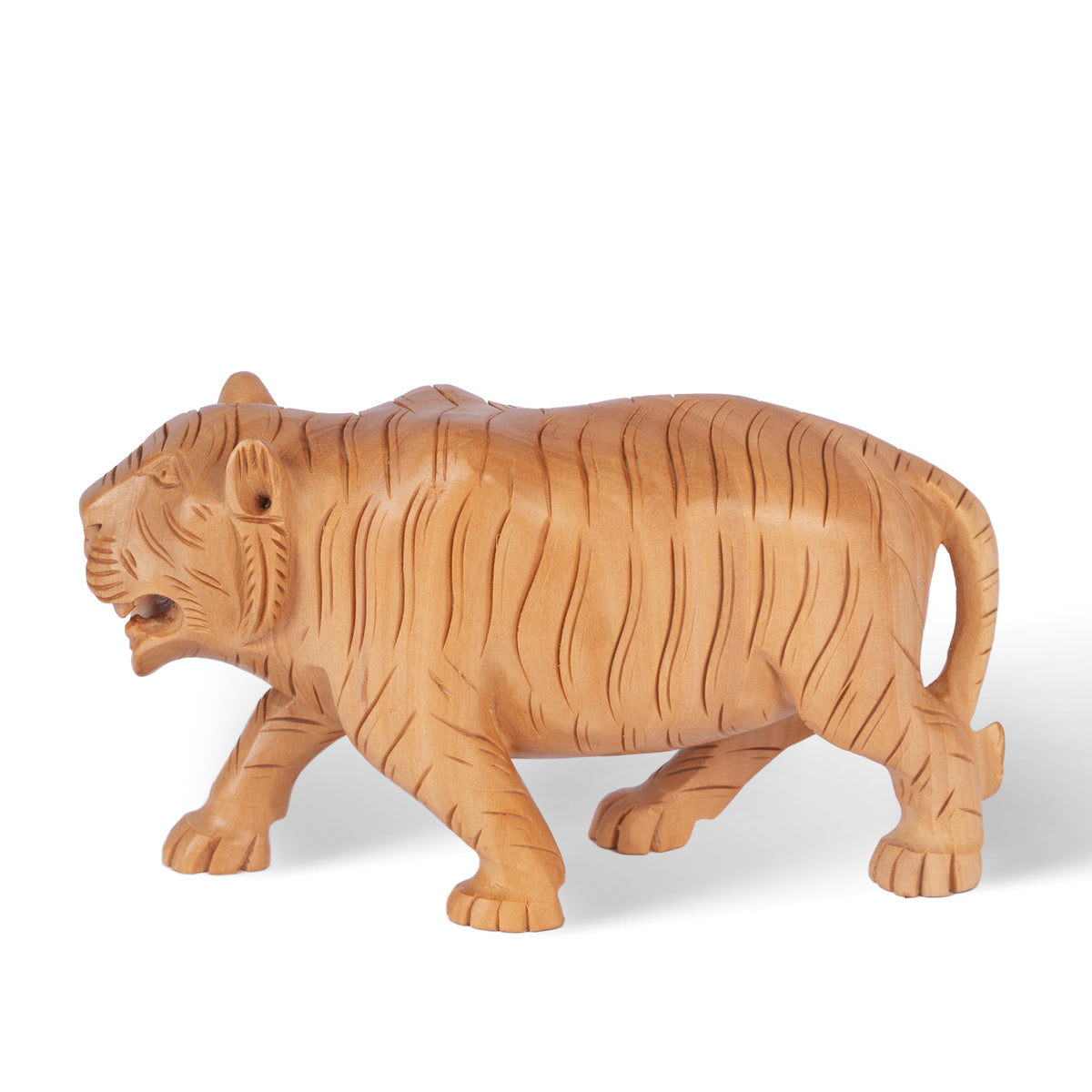 Hand Carved Wooden Tiger Sculpture – Traditional Indian Tiger Figurine for Home Décor