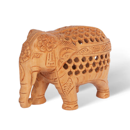 Hand Carved Wooden Elephant Sculpture with Baby Inside – Intricate Lattice Work Indian Wood Figurine
