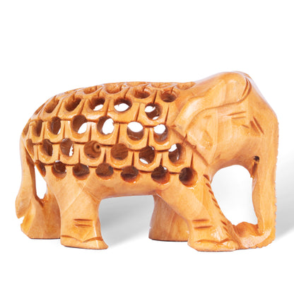 Hand Carved Wooden Elephant Sculpture – Intricate Openwork Lattice Design, Indian Wooden Elephant Figurine