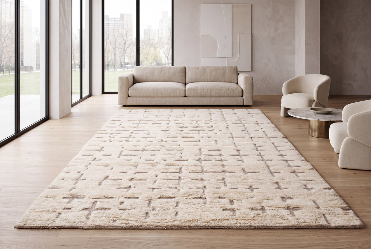 Luxury Cream Moroccan Hand Knotted Rug – Textured Geometric New Zealand Wool Area Rug