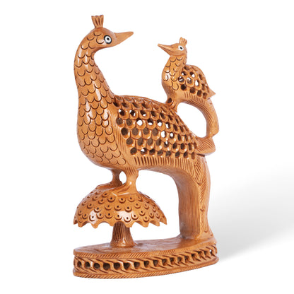 Hand Carved Wooden Peacock Pair Sculpture – Traditional Indian Bird Figurine Home Décor