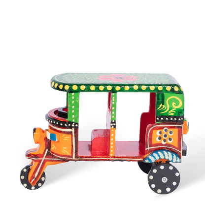 Handcrafted Wooden Auto Rickshaw – Colorful Indian Folk Art Miniature Tuk Tuk Decor