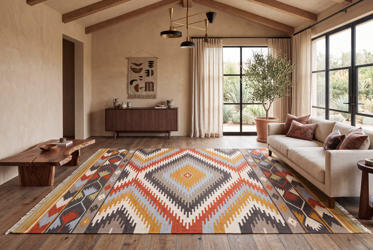 Handwoven Geometric Kilim Durrie Rug | Wool & Cotton