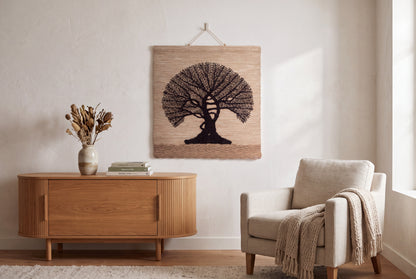 Handwoven Tree of Life Tapestry, 30x30 Inch Boho Wall Hanging, Natural Textile Art
