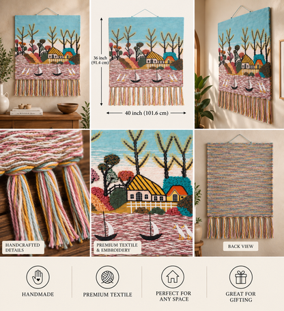 Handwoven Coastal Village Tapestry, Seaside Landscape, Boho Home Decor (36x40 Inch)