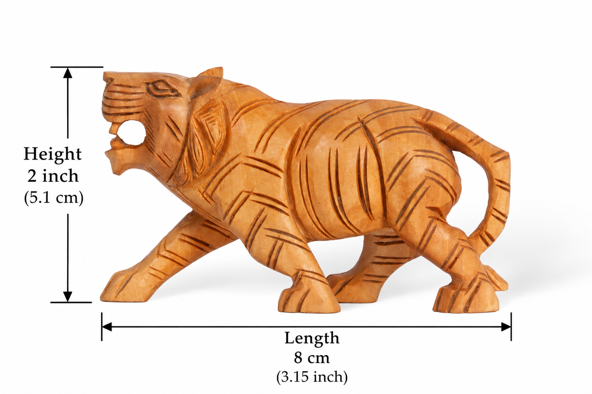 Hand Carved Wooden Tiger Sculpture – Traditional Indian Animal Figurine, Rustic Home Decor