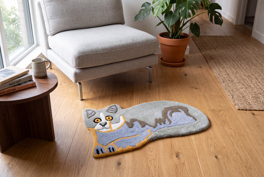 Hand Tufted Cat Rug – Grey & Blue Cute Animal Shaped Wool Rug for Kids Room, Bedroom & Nursery Décor | 2.3 × 1.4 Feet