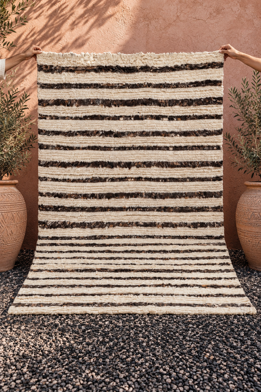 Moroccan Brown & Ivory Wool Rug – 100% New Zealand Wool | Handwoven Striped Textured Area Rug