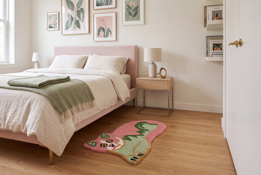 Hand Tufted Cat Rug – Pink & Green Cute Animal Shaped Wool Rug for Kids Room, Bedroom & Nursery Décor | 1.4 × 2.3 Feet