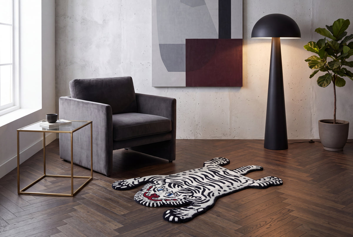 Hand Tufted Tiger Rug – Black & White Animal Shaped Wool Rug for Kids Room, Bedroom & Nursery Décor | 2 × 3 Feet