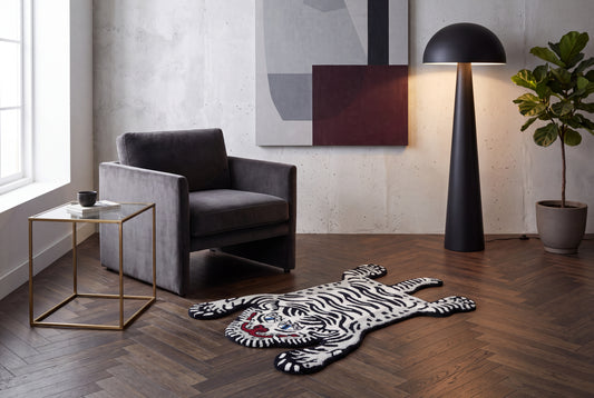 Hand Tufted Tiger Rug – Black & White Animal Shaped Wool Rug for Kids Room, Bedroom & Nursery Décor | 2 × 3 Feet