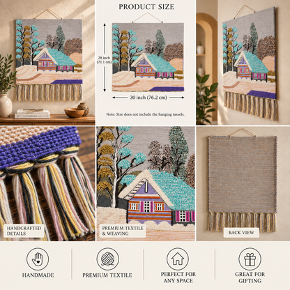 Handmade Woven Tapestry, Cottage Landscape Wall Hanging, Boho Fiber Art (28x30 Inch)