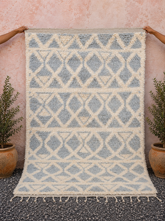 Hand Knotted Moroccan Wool Rug – Cream and Blue Geometric Shag Area Rug