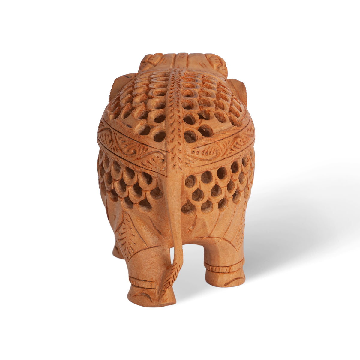 Hand Carved Wooden Elephant Sculpture with Baby Inside – Intricate Lattice Work Indian Wood Figurine